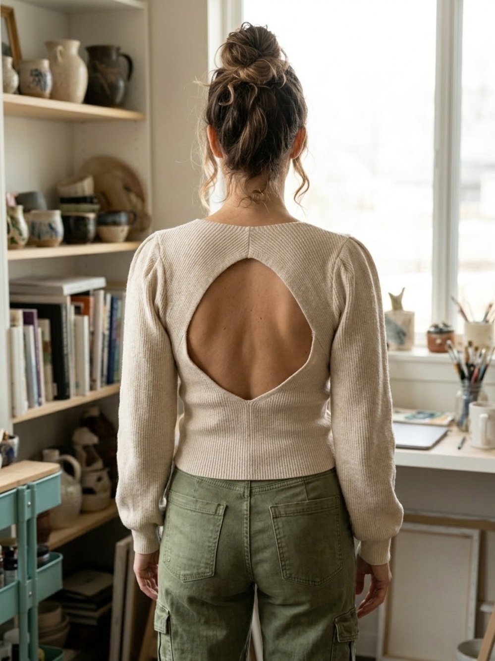 Free People Beige Rib-Knit Square Neck Open Back Balloon Sleeve Sweater S